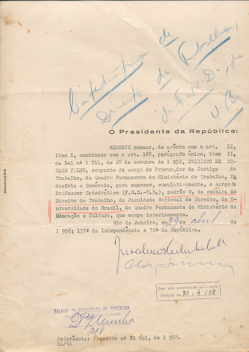 Professor catedrático Direito Trabalho 1958